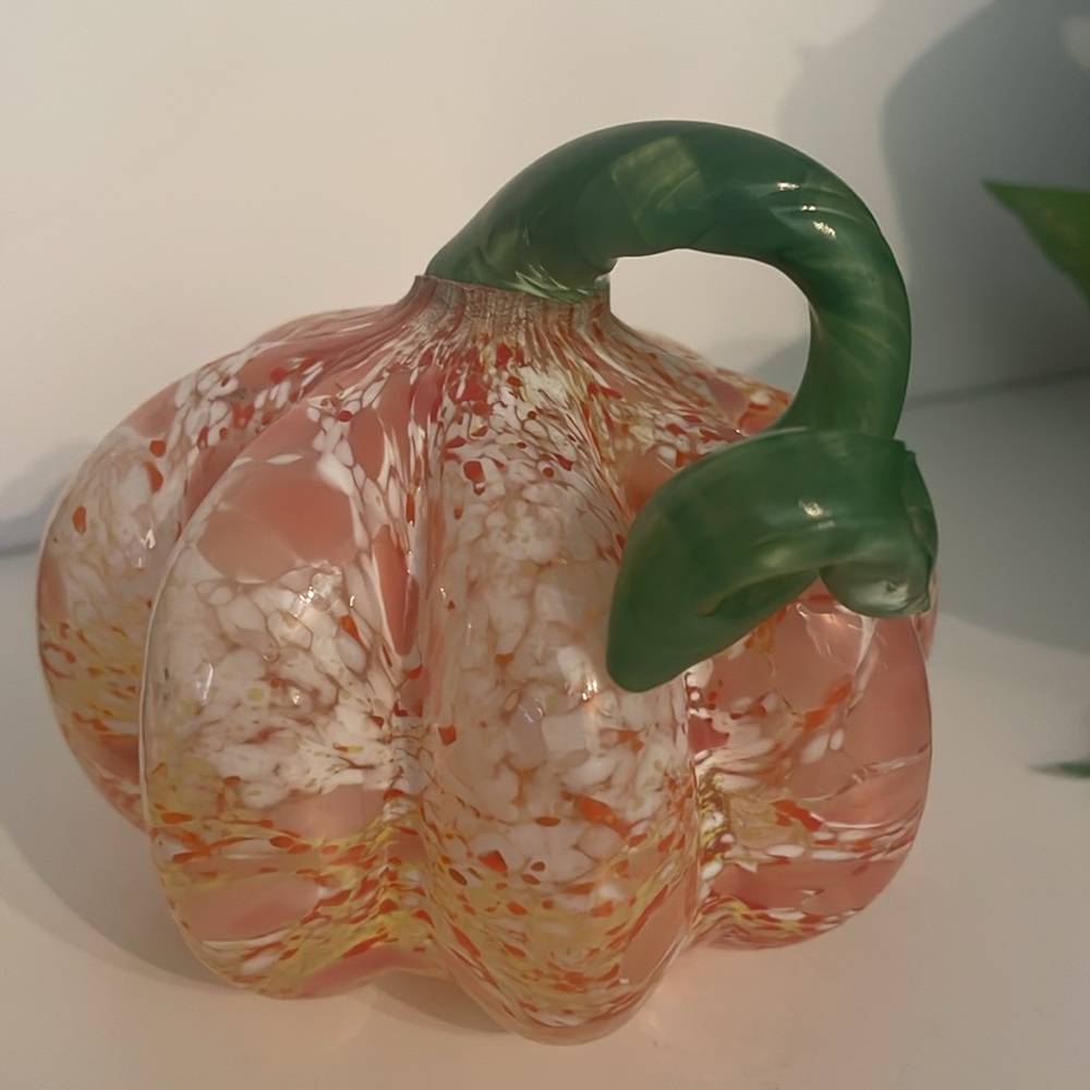 Vintage Handmade Blown Glass Pumpkin in Pink, Coral, Yellow, White & Red Hues!